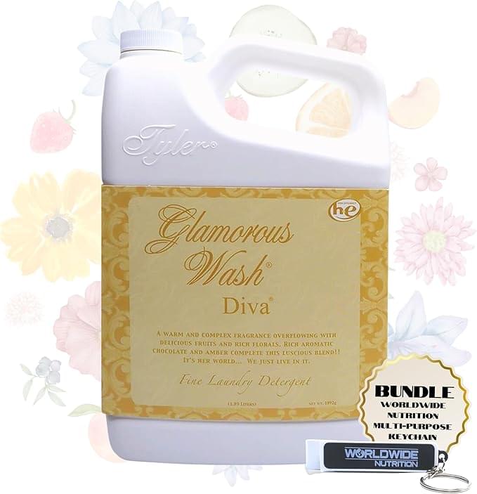 Worldwide Nutrition Bundle Compatible with Tyler Candle Company Glamorous Wash High Maintenance Scent Fine Laundry Liquid Detergent - 907gram (32 Fl Oz) Container with Keychain