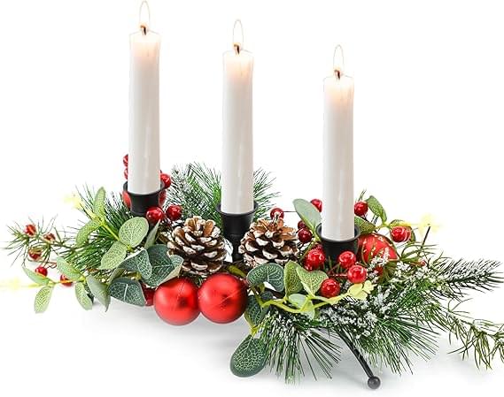 MrMrKura Christmas Tabletop Centerpiece with 3 Candle Holders, Table Decorations with Pine Cones and Red Berry Indoor Christmas Decorations for Dining Room Decor